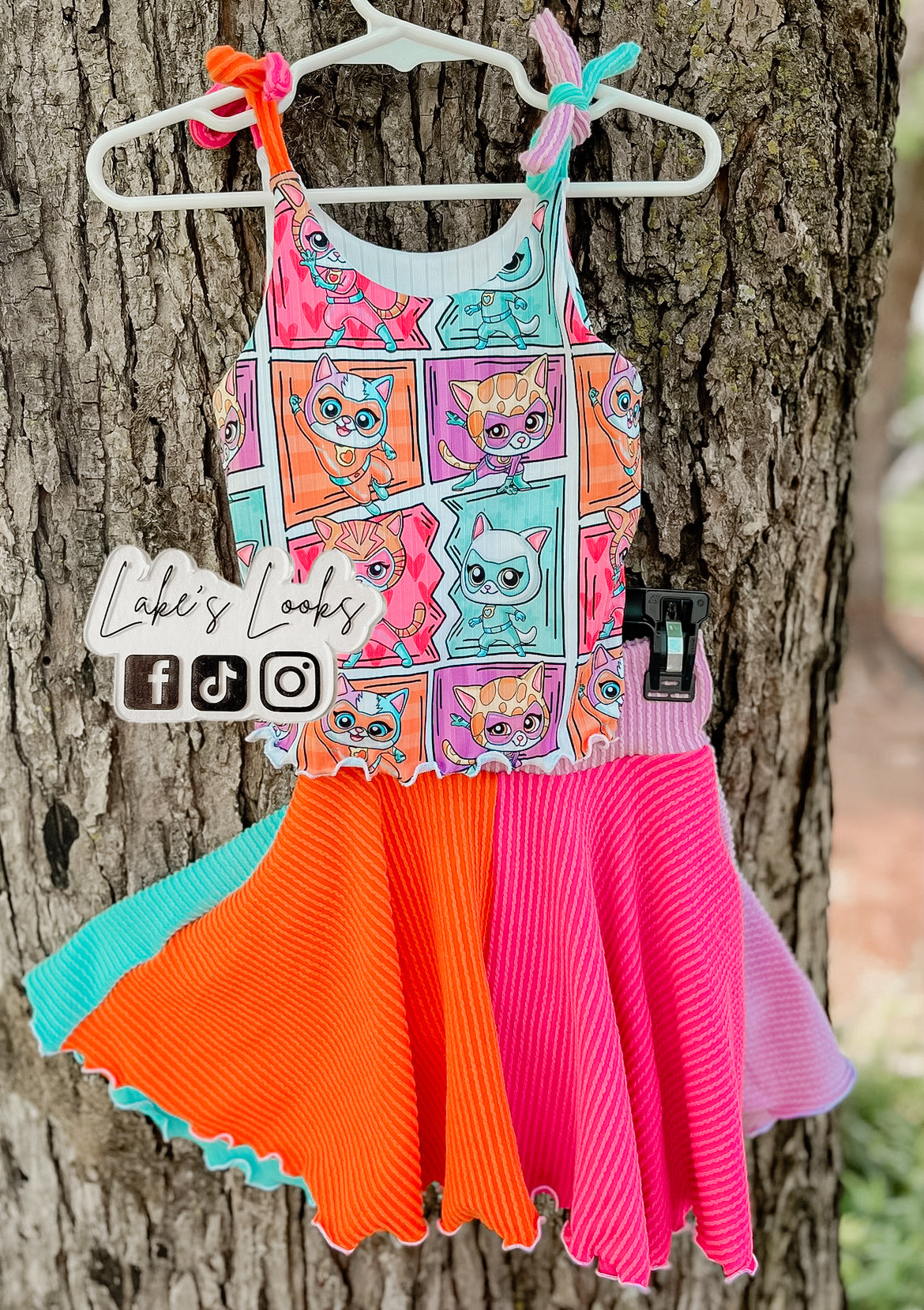 RTS (3T) Kitty Heroes Tie Top & Colorful Twirl Skirt