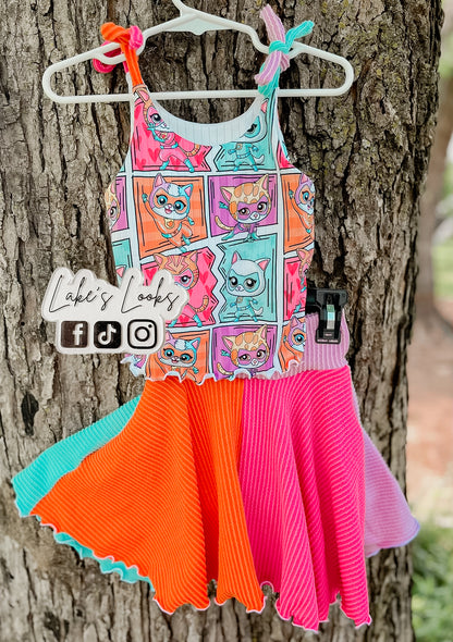 RTS (3T) Kitty Heroes Tie Top & Colorful Twirl Skirt