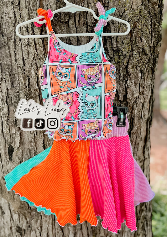 RTS (3T) Kitty Heroes Tie Top & Colorful Twirl Skirt