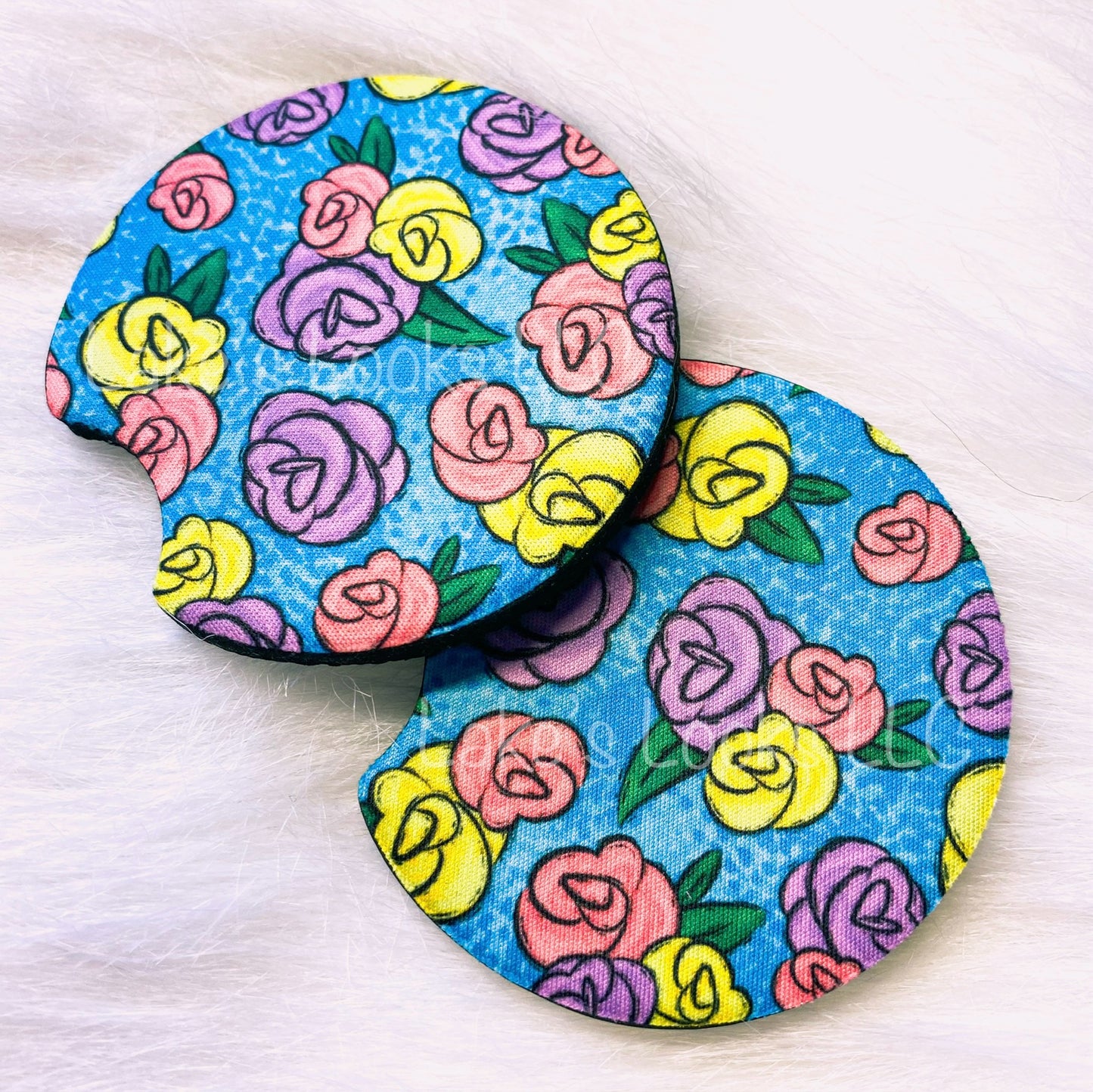 Blue Floral Car Coaster Set