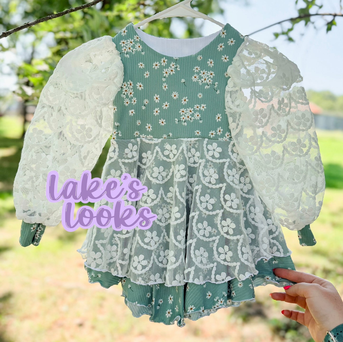 RTS (2T) Sage Floral Bishop Sleeve Double Skirted Tofino
