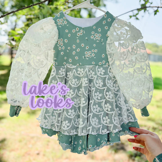 RTS (2T) Sage Floral Bishop Sleeve Double Skirted Tofino