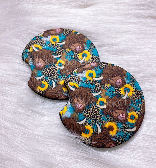 Teal Highland Cow Car Coaster Set