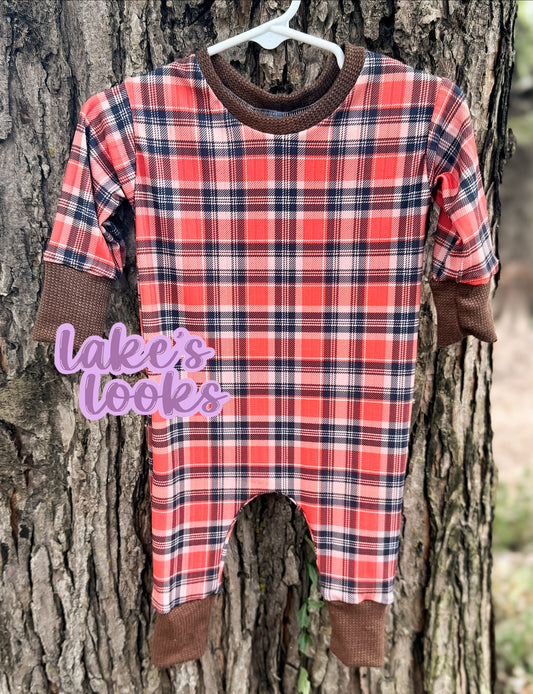 RTS (3/6) Orange & Brown Plaid Alder Romper
