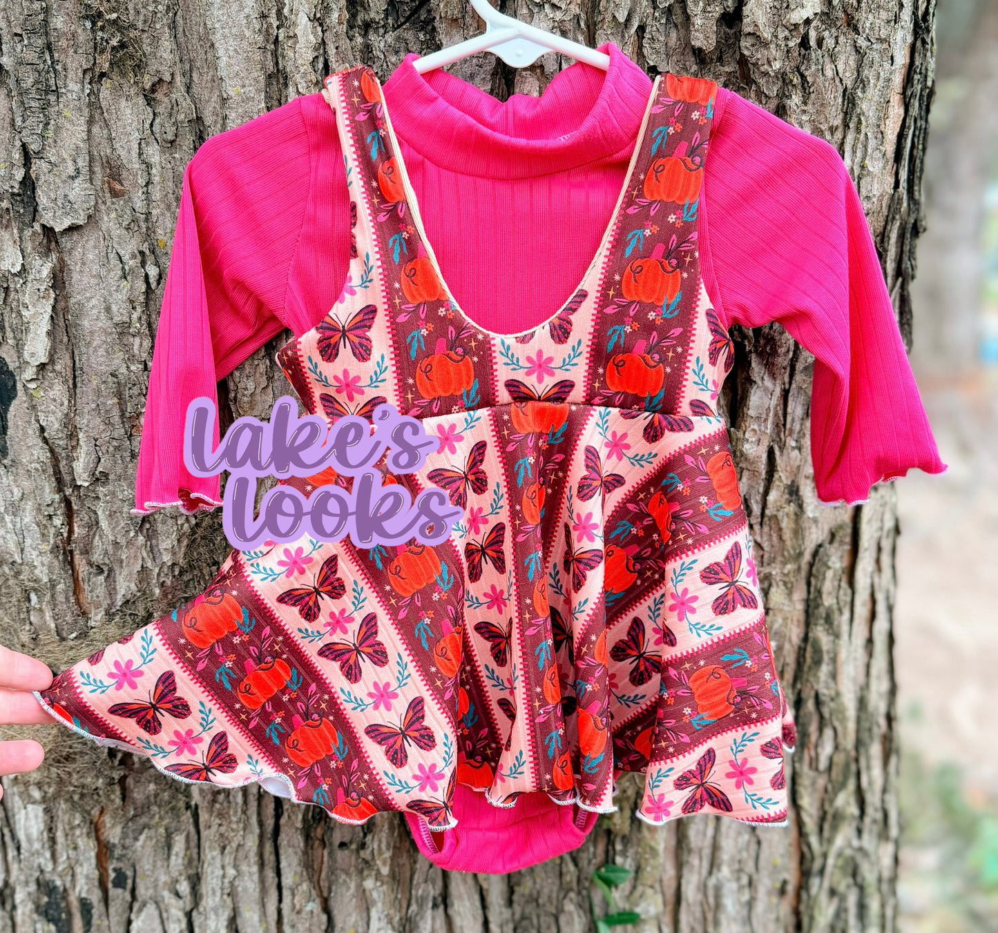 RTS (6/9) Pumpkin & Butterfly Mini Pinafore & Mock Neck Leo