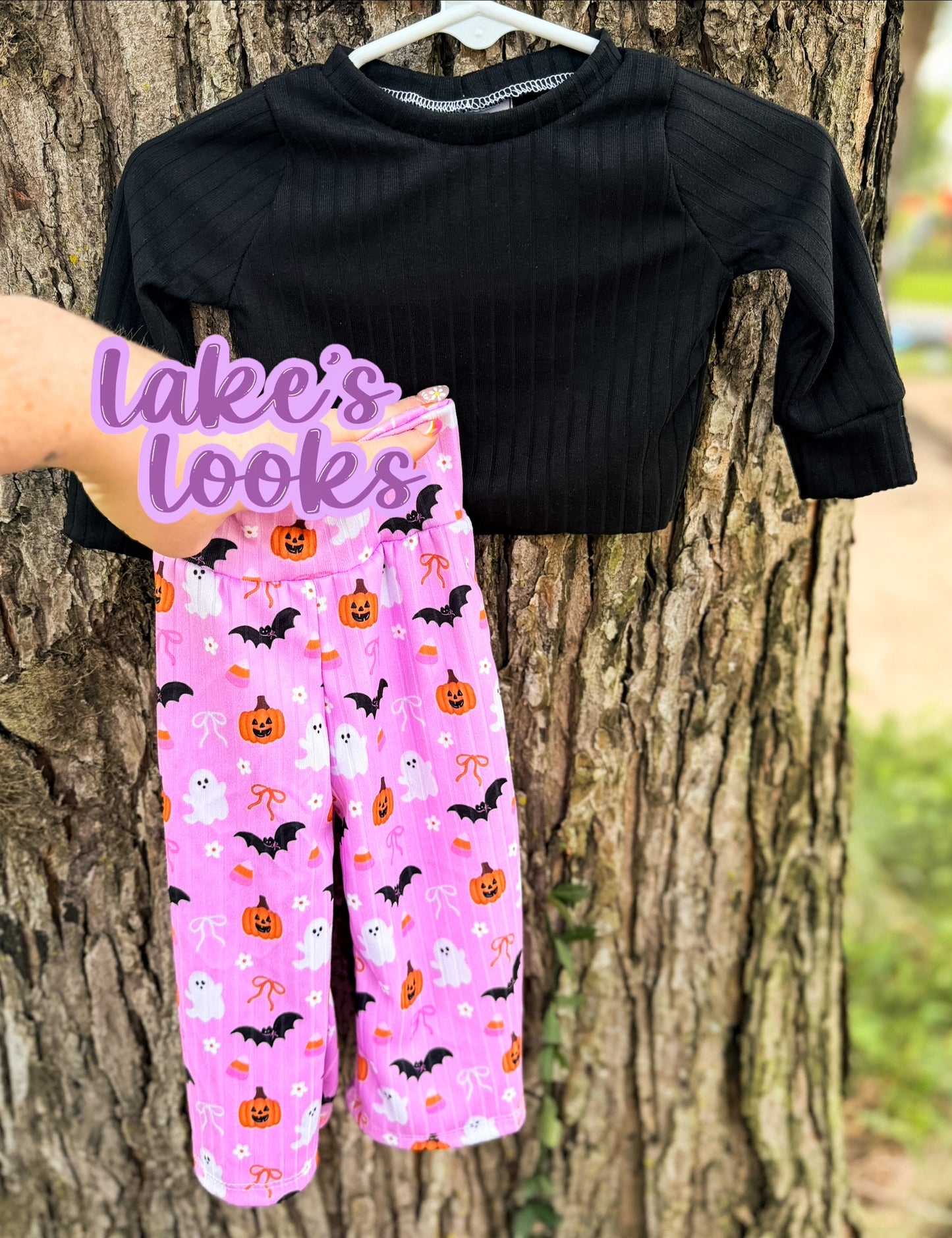 RTS (6/9) Pink Halloween Wide Leg Pants & Black Modest Crop