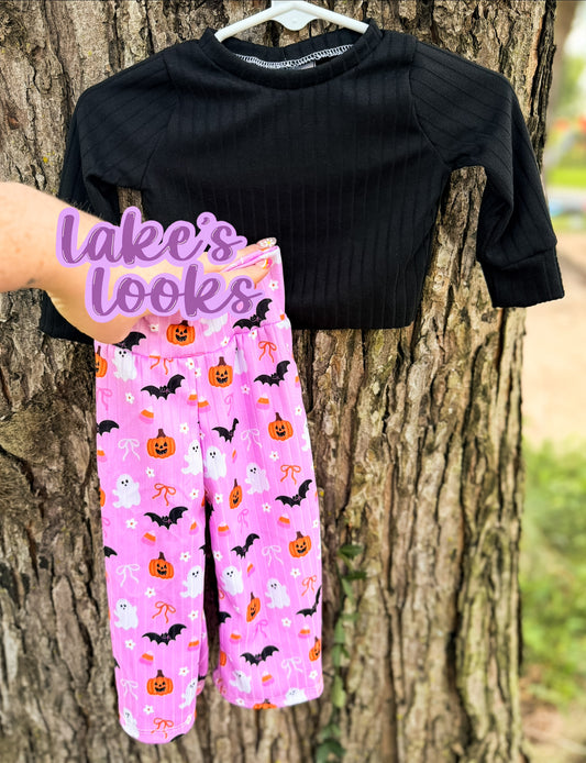 RTS (6/9) Pink Halloween Wide Leg Pants & Black Modest Crop